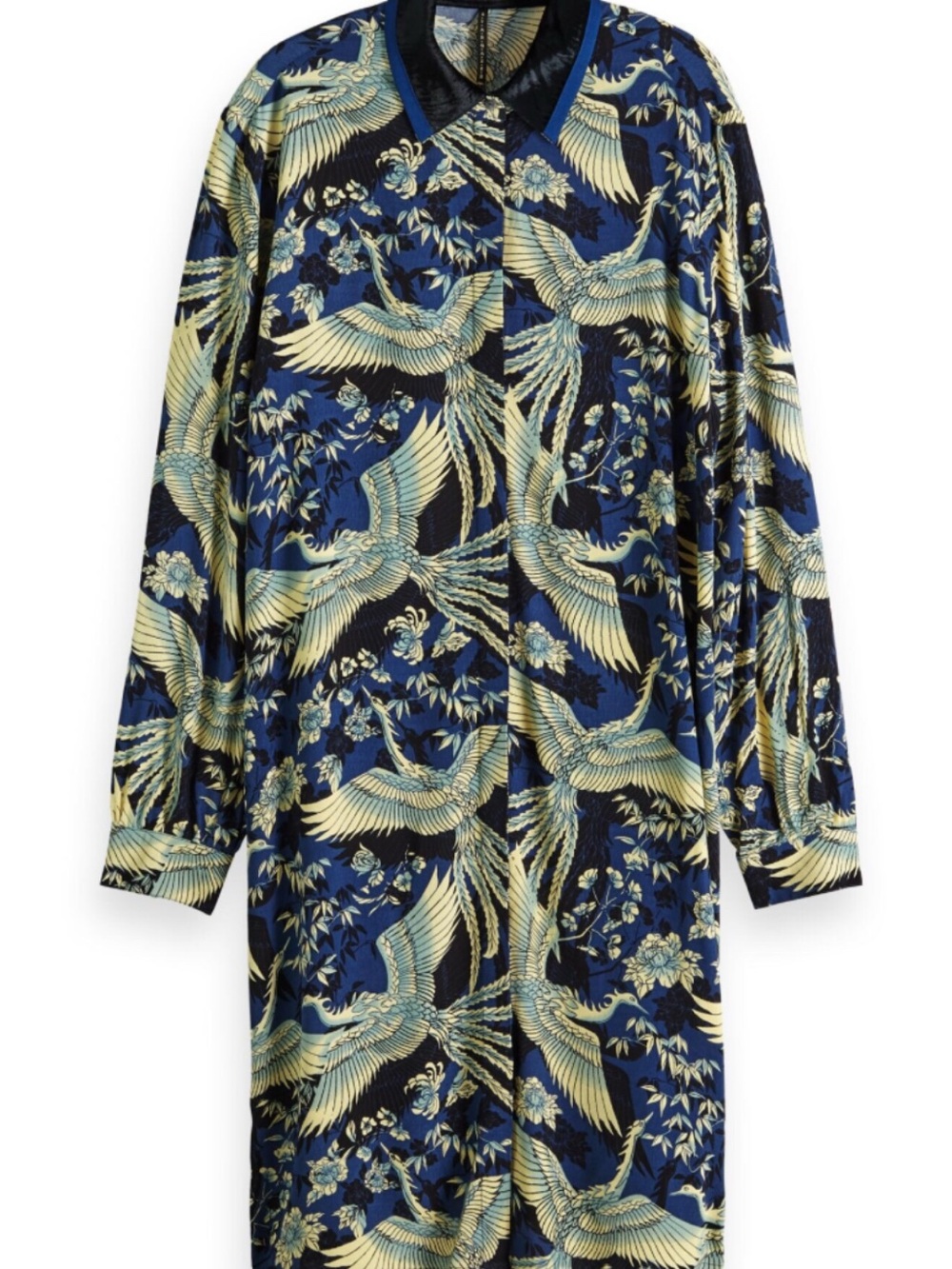 Scotch & Soda Navy and Cream Crane-Print Long Sleeve Dress